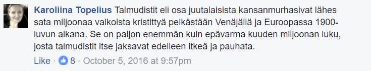 Kuvakaappaus Karoliina Topeliuksen Facebook-seinältä