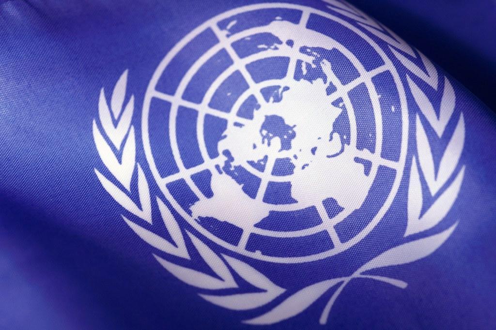 YK:n lipussa on järjestön tunnus sinisellä pohjalla. Oliivipuun oksat maailmankartan ympärillä symboloivat rauhaa. Kuva: Thinkstock.