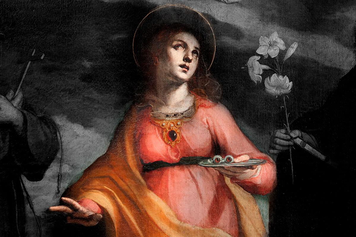 Renessanssitaiteilija Claudio Ridolfin (1560–1644) Santa Lucia on osa laajempaa kirkkomaalausta.