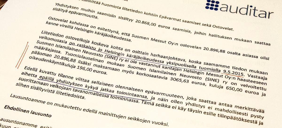 Ulkopuolinen tilintarkastaja pohti joulukuussa 2015, onko SINE:llä kykyä jatkaa toimintaansa.