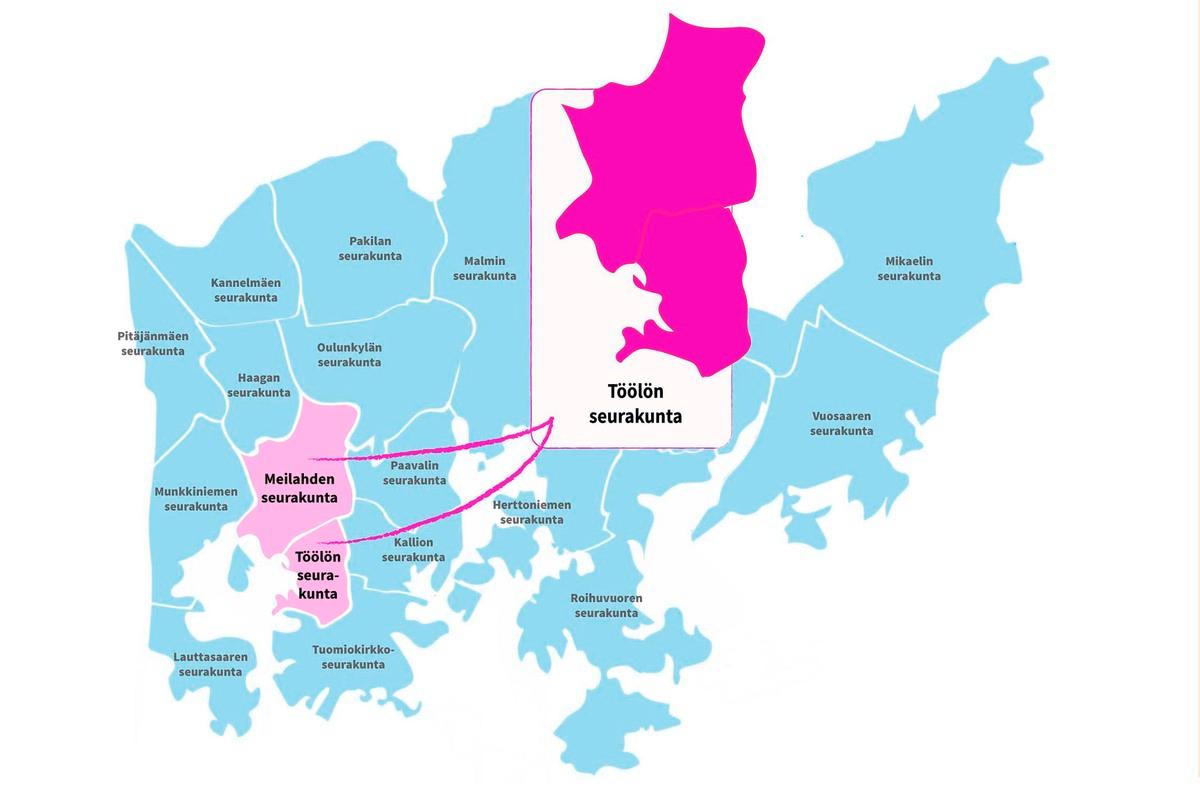 Meilahden ja Töölön seurakunnat yhdistyivät vuoden 2019 alussa. Grafiikka: Maija Saari