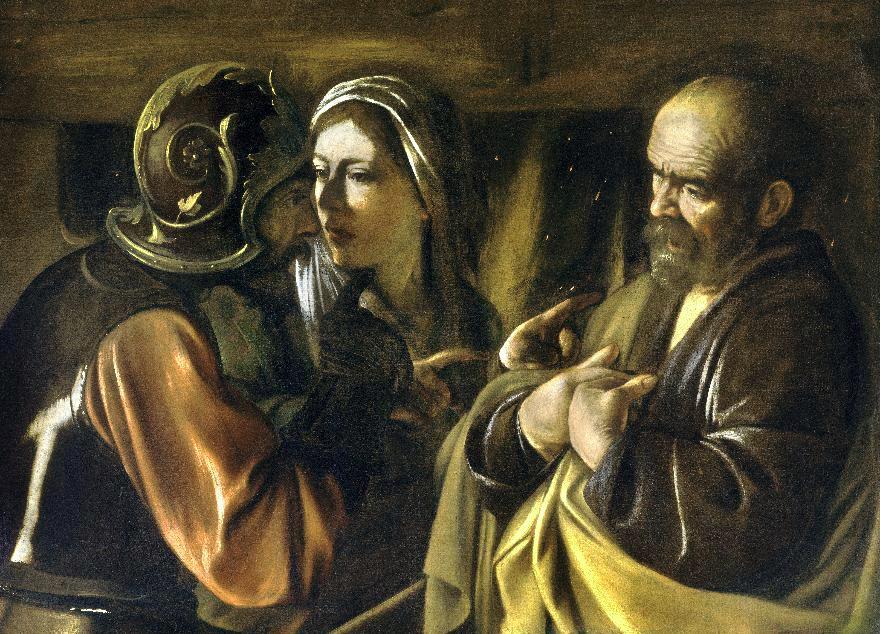 Caravaggio: Pietari kieltää Jeesuksen. 1609–10.