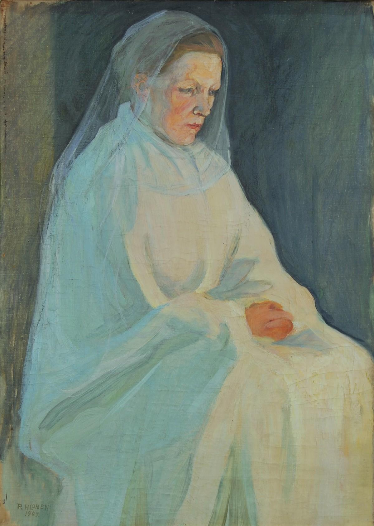 Pekka Halosen Madonna vuodelta 1902 muistuttaa tyyliltään henkivalokuvia, jotka sen syntyaikaan olivat muodissa. (Kuva Nina Koskinen / Hiekan taidemuseo)