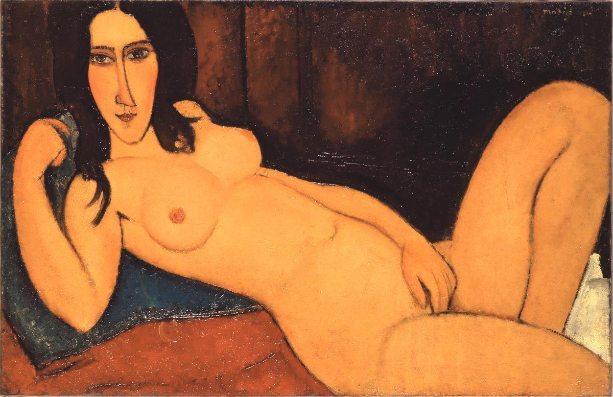 Modiglianin alastontutkielmat herättivät aikoinaan kohua. Kuvassa on Lepäävä alaston hiukset avoinna vuodelta 1917. Kuva: Osaka City Museum of Modern Art
