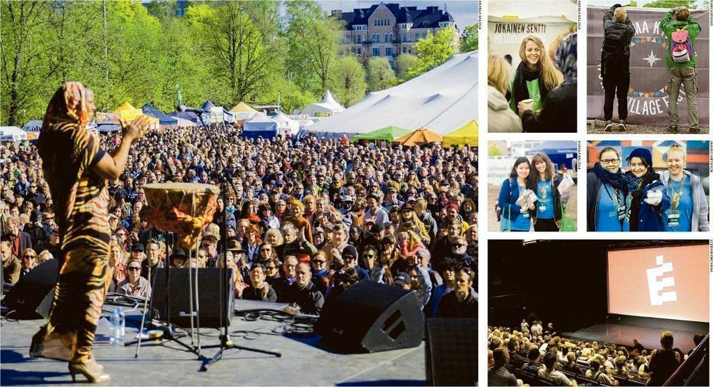 Maailma kylässä -festivaalilla riittää tehtävää isolla alueella ulkoilmassa, kun taas Espoo Cinéssä (alhaalla oikealla) touhutaan leffateatterin sisä- ja ulkopuolella. Kuvat: Andrea Balogh, Rami Aapasuo, Jaakko Virtanen ja Veera Niemenmaa.