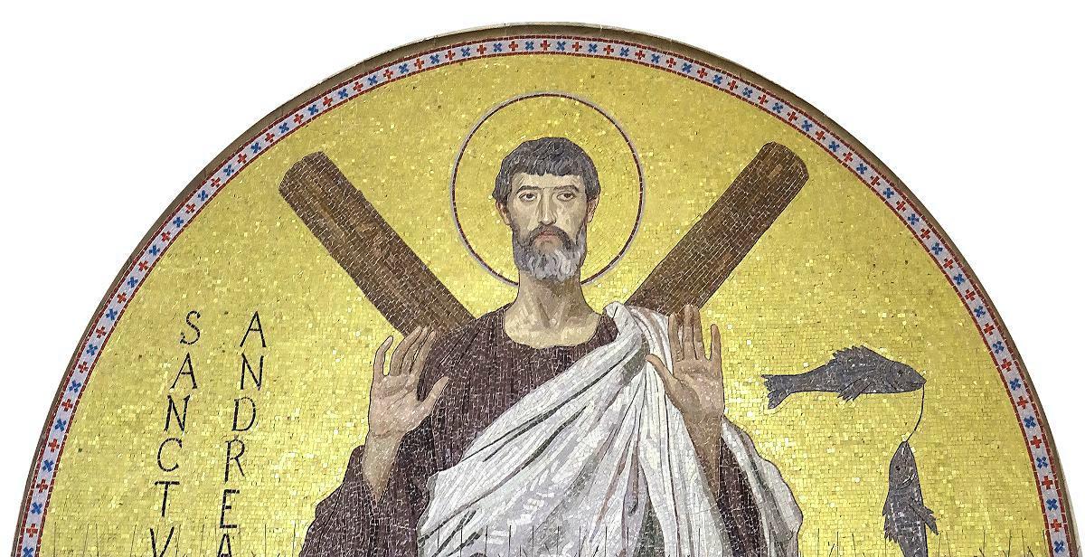 Apostoli Andreasta esittävä mosaiikkityö Amalfin. Duomo di Sant'Andrea Apostolo -kirkon seinässä.