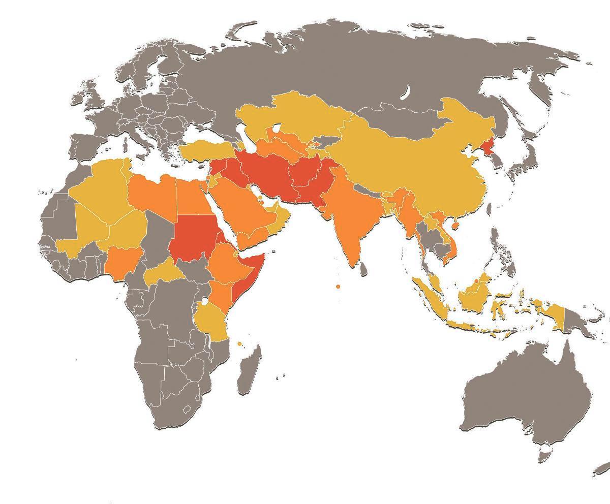 Viisi pahinta. Pohjois-Korea, Irak, Eritrea, Afganistan ja Syyria ovat Open Doorsin listauksessa vaarallisimmat maat kristityille. Pew Research Centerin mukaan kristittyjä vainotaan jopa yli 150 maassa eli enemmän kuin minkään toisen uskonnon harjoittajia. Kuva: Open Doors