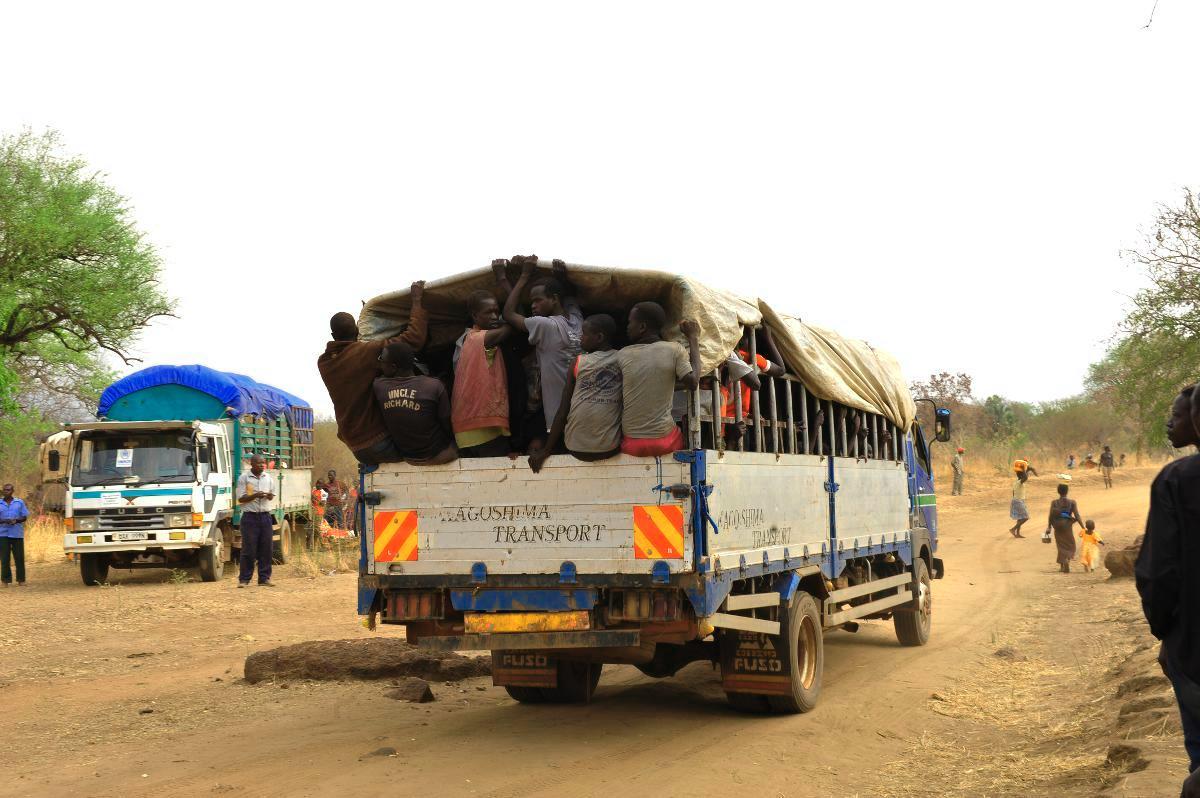 Rekisteröitymisen jälkeen pakolaiset viedään pakolaisasutusalueelle Pohjois-Ugandassa. Siellä he saavat tilkun maata, jolle he voivat rakentaa majoituksensa.