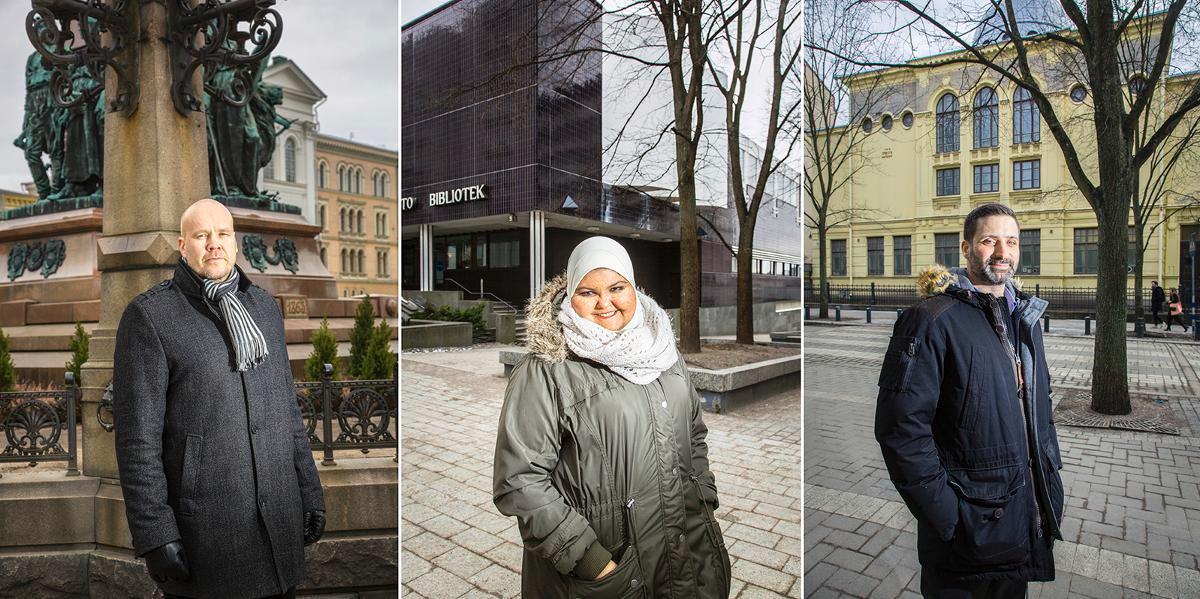 Lestadiolainen Helsingin Rauhanyhdistyksen varapuheenjohtaja Matti Hintikka, Nuoret Muslimit ry:n hallituksen jäsen Nahla Hewidy ja Helsingin juutalaisen seurakunnan puheenjohtaja Yaron Nabdornik ovat kolmen suuren kirjan uskonnon harjoittajia. Kuva: Esko Jämsä