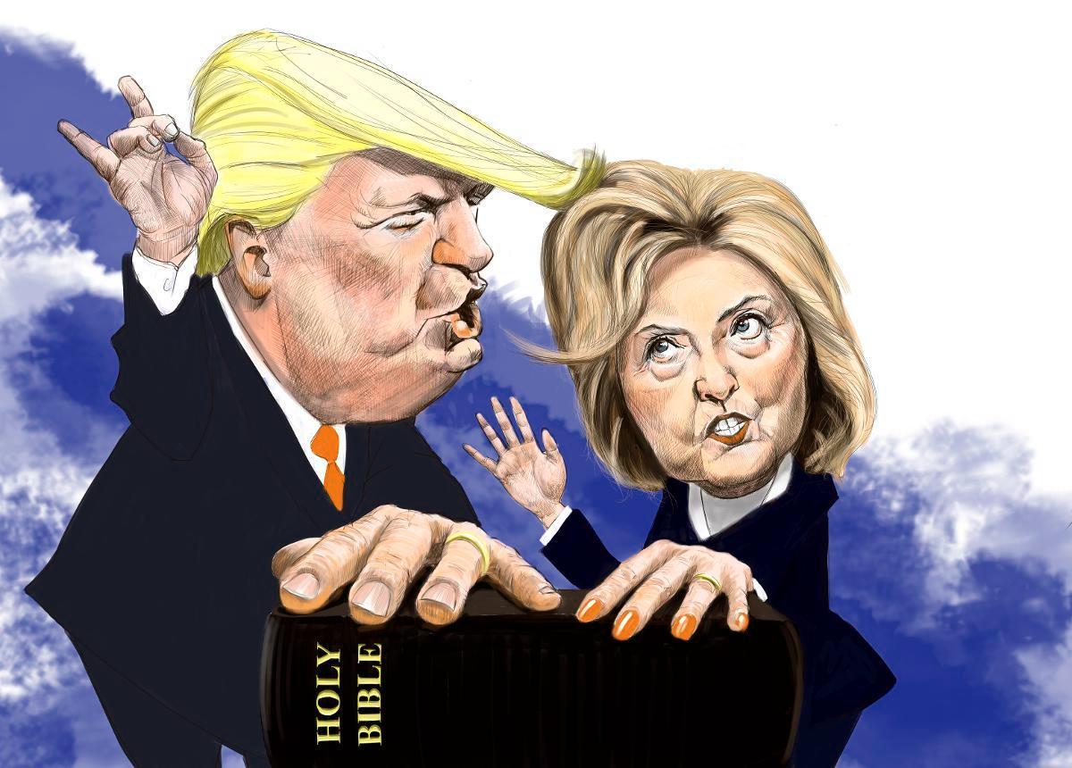 In God We Trust. Donald Trump ja Hillary Clinton taistelevat siitä, kumman näkemys Amerikasta innostaa äänestäjät liikkeelle. Kuva: Mika Sälevä