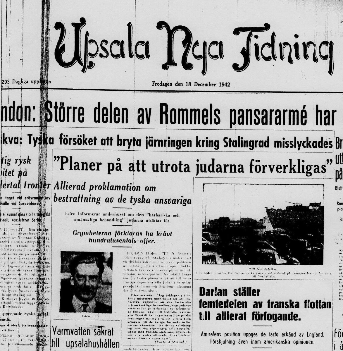 Upsala Nya Tidningin etusivun uutinen 8. joulukuuta 1942: