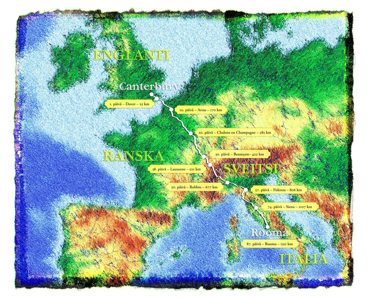 Pyhiinvaellusreitti. Via Francigena alkaa Englannista Canterburysta ja päättyy Italiaan Roomaan. Tapani Tukiainen vaelsi yli 1 300 kilometrin matkaa 87 päivää pääasiassa kävellen.