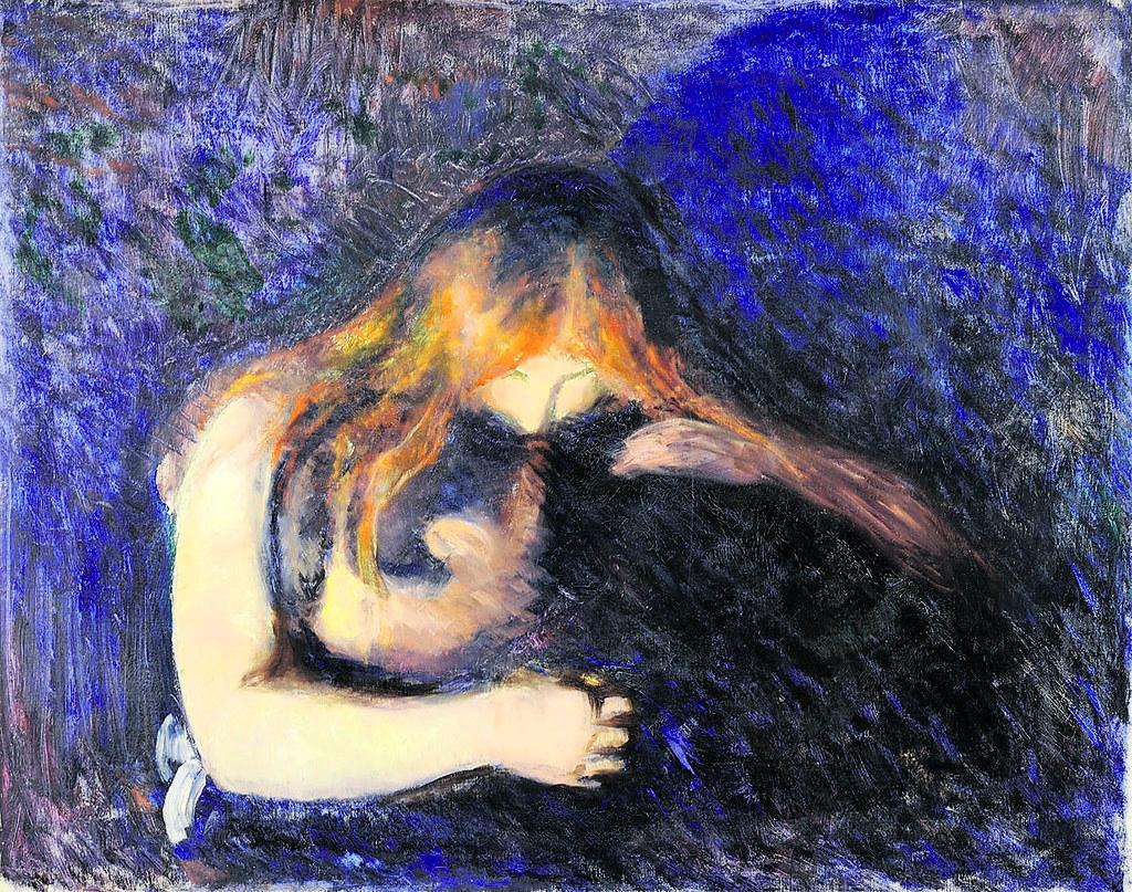 Tunnetta. Naisen ja miehen välinen suhde ei Edvard Munchin taiteessa ole helppo, kuten taiteilija ilmaisee vuonna 1893 tekemässään Vampyyri-teoksessa. ©Göteborgin taidemuseo/Munch-Ellingsen-Gruppen/Kuvasto 2014. 