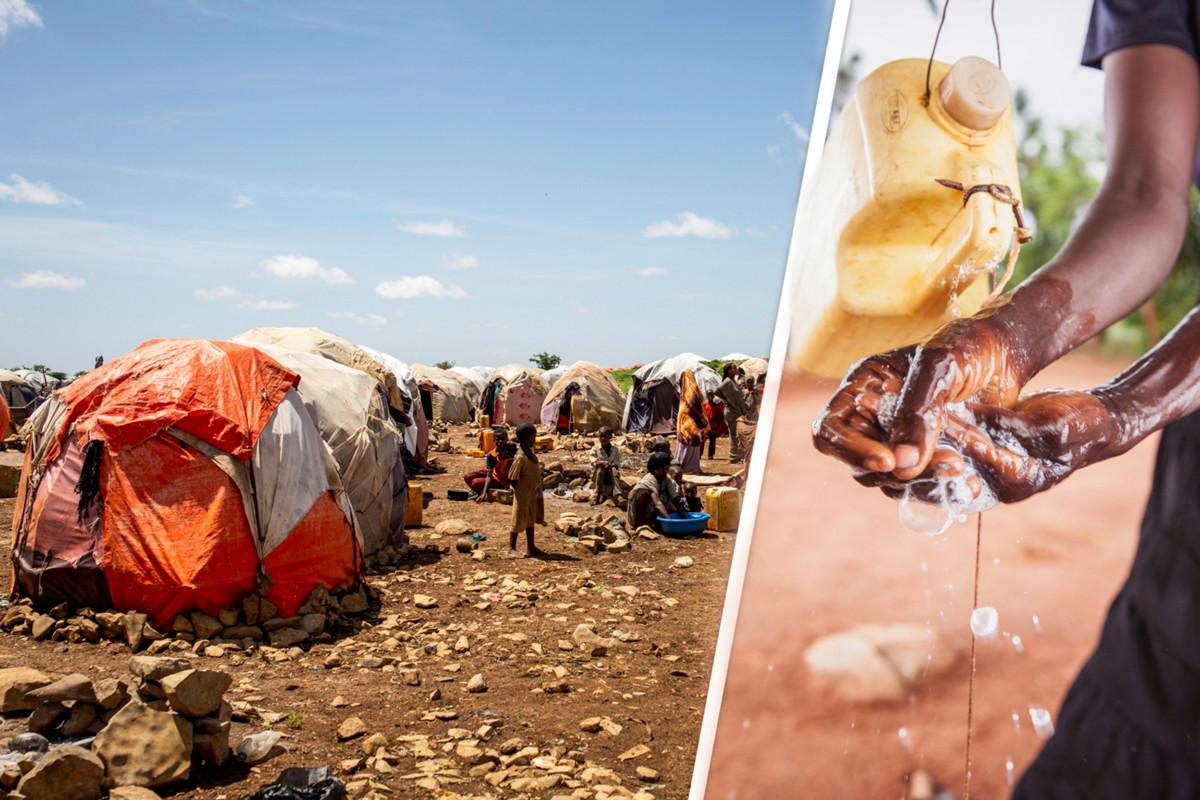 Pakolaisleiri Baidoassa Somaliassa ja käsienpesupaikka leirillä Ugandassa.