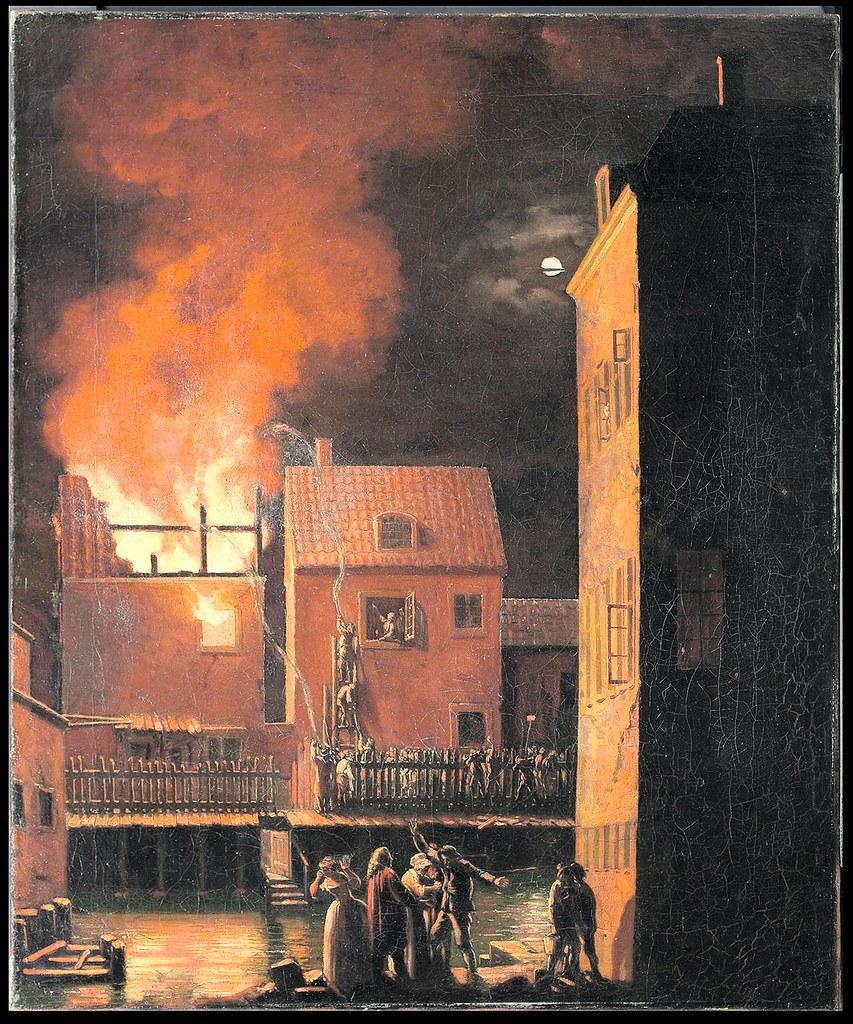 Dramatiikkaa. Pehr Hilleström maalasi noin vuonna 1800 teoksen Tulipalo Tukholman Roslagtorgetilla. Kuva: Johan Sehlstedt/Stadsmuseet