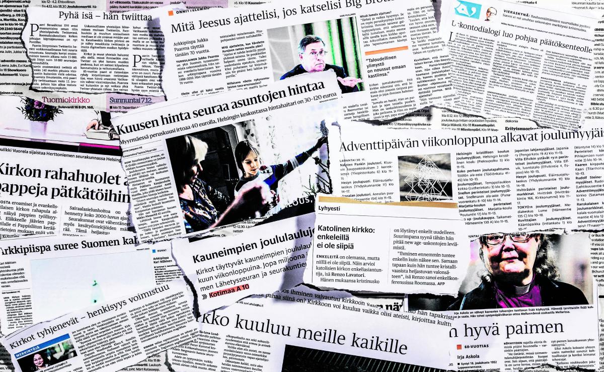 Joulujuttuja. Joulua edeltävinä viikkoina mediaa kiinnostavat paitsi kuusen hinta ja joulun hittilahjat myös piispojen näkemykset ja kirkon talous. Kuvan otsikot on poimittu kahden edellisvuoden joulua edeltävistä Helsingin Sanomista.