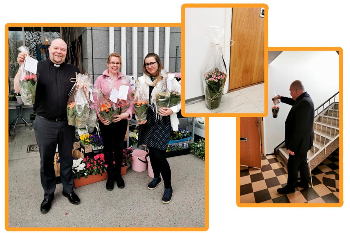 Kukkalähetyksiä veivät ensimmäisenä päivänä perille pappi Timo Salo (vas.) ja diakoni Noora Rajala (oik.). Ensimmäisessä kuvassa keskellä myös kukkakauppias Marianne Salminen.