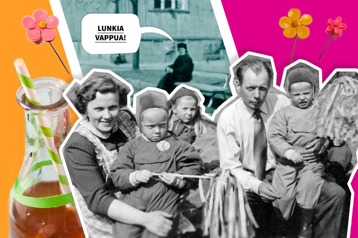 Kuvassa mm. otos Puu-Vallilasta vuodelta 1952. Kuntsin talon edustalla perhe Poutanen. Lisäksi kuvassa vappukukka-rintaneuloja eri vuosilta.