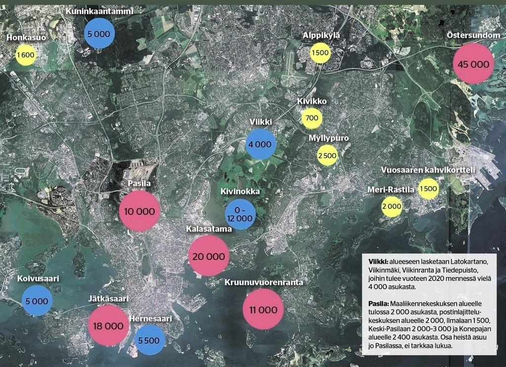 Uusien alueiden asukasmäärät. Luvut ovat suuntaa antavia. Joillakin alueilla asutaan jo, esimerkiksi Jätkäsaareen on muuttanut noin 1 500 ihmistä. Östersundomille tehdään omaa yleiskaavaa yhdessä Sipoon ja Vantaan kanssa, ja alue valmistuisi vasta vuoteen 2050 mennessä. Lisätietoa: www.uuttahelsinkia.fi. Kartta: Google Earth