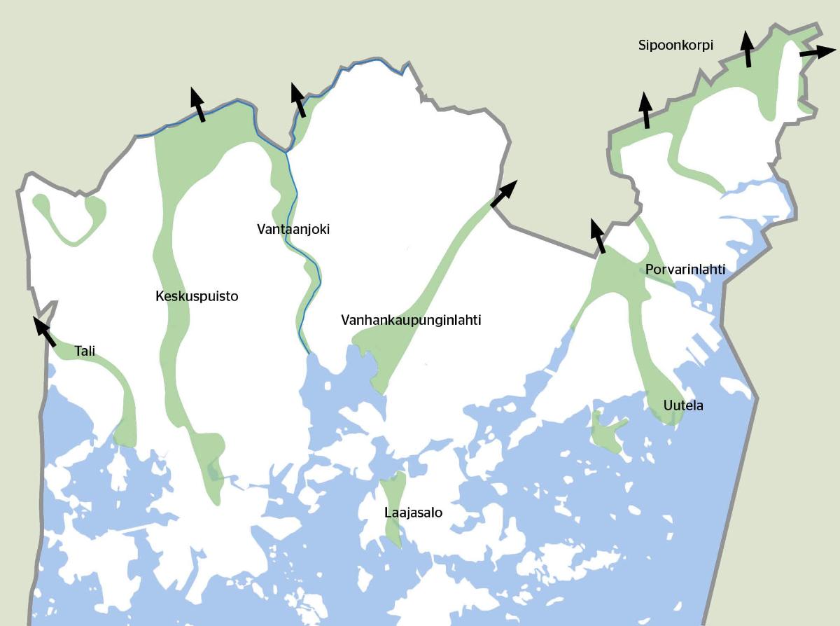 Helsingin vihersormet. Tällä termillä kutsutaan suhteellisen yhtenäisiä viheralueketjuja, jotka ulottuvat tiheän kaupunkirakenteen ulkopuolelle ja toimivat ekologisina käytävinä. Karttaan on merkitty vihersormiksi Meilahti-Tali-Mätäjoen laakso, Keskuspuisto, Vantaanjoen varsi ja Vanhankaupunginlahti-Kivikko sekä Vartiokylänlahti-Mustavuori-Porvarinlahti.  Kartan lähde: Helsingin yleiskaava, Visio 2050