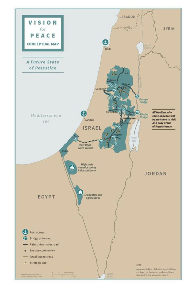 Palestiinalaisvaltio oli keskustelussa, kun Trumpin hallinto julkaisi tammikuussa Peace to Prosperity -vision. Kansainvälinen yhteisö ei kuitenkaan innostunut suunnitelmasta. Kuva: HO / The White House / AFP /  LEHTIKUVA.