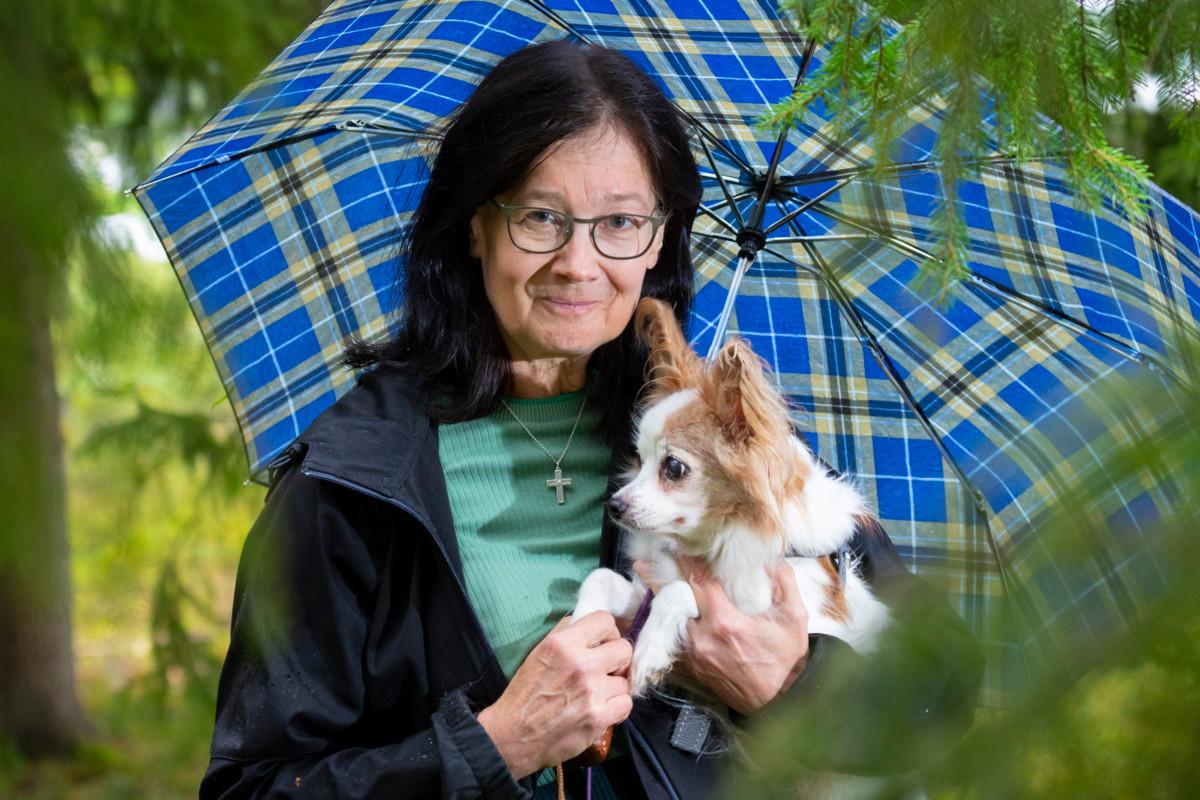 Edesmenneelle Tekla-tyttärelle aikanaan hankittu perhoskoira Vimpula on Leena Vilkan uskollinen seuralainen metsälenkeillä.