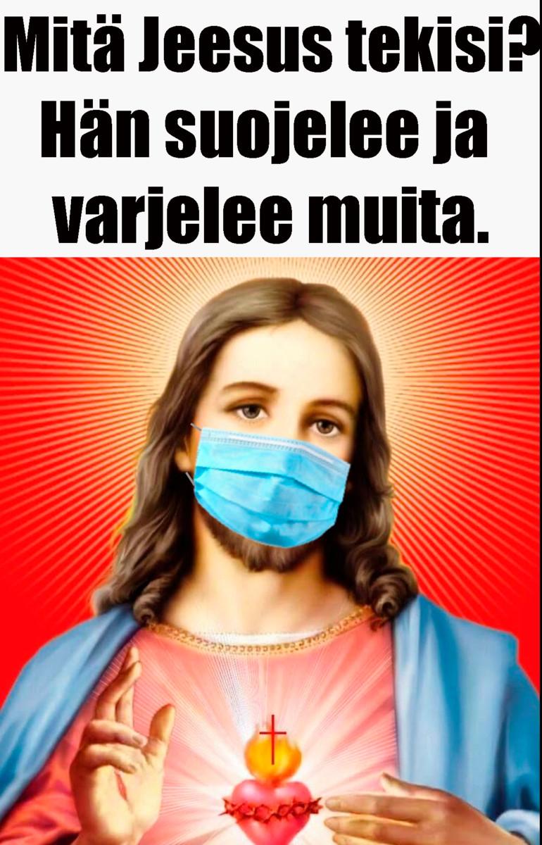 Maski Jeesuksen kasvoilla toi Helsingin seurakuntien Facebook-sivuille koronarajoituksia vastustavia kommentteja.