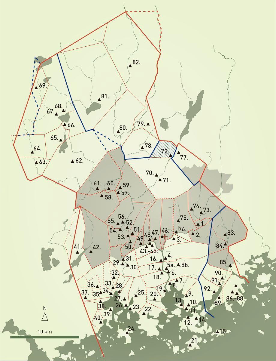 Kartta esittelee Helsingin pitäjän ennen vuotta 1556 perustetut kylät. Vuosiluku suluissa kertoo kylän nimen ensimmäisen tunnetun maininnan. Viikin neljännes: 1. Haxböle (1556) 2. Fastböleby (1540) 3. Skomakarböle (1523) 4. Staffansby (1511) 5a. Sonaby (1417) 5b. Malm (1514) 6. Bocksbacka (1435) 7. Östervikby (1417) 8. Västervikby (1540) 9. Brakvik (1555) 10. Båtsvik (1556) 11. Hertonäs (1405) 12. Tullholma (1556) 13. Brändöby (1515) 14. Degeröby (1540) 15. Villingby (1544) 16. Domarby (1417) 17. Baggböle (1417) 18. Åggelby (1540) 19. Forsby (1417) 20. Gumtäkt (1460) Hoplaxin neljännes: 21. Sandhamn (1429) 22. Tölöby (1476) 23. Hindersnäs (1476) 24. Drummensö (1540) 25. Lillhoplaxby (1529) 26. Munksnäsby (1540) 27. Heikby (1540) 28. Taliby (1524) 29. Kårböle (1417) 30. Röckisby (1540) 31. Nyby (1540) 32. Konalby (1509) 33. Meckeleby (1540) 34. Storhoplasby (1417) 35. Kilaby (1543) 36. Konungsböle (1533) 37. Klobbeskog (1527) 38. Bredvikby (1540) 39. Otnäs (1527) 40. Björnvik (1481) Kirkon neljännes: 41. Gambelgård (1492) 42. Tavastby (1533) 43. Grannböle (1544) 44. Nackböle (1482) 45. Tomtbacka (1511) 46. Kyrkoby (1401) 47. Skattmansby (1480) 48. Tolkby (1417) 49. Övitsböle (1417) 50. Sillböle (1511) 51. Brutuby (1417) 52. Vinitby (1517) 53. Mårtensby (1512) 54. Kvarnbacka (1543) 55. Lappböle (1517) 56. Biskopsböle (1509) 57. Borgby (1540) 58. Keinby (1527) 59. Meilby-Söttskog (1513) Klemetskogin neljännes: 60. Ripuby (1511) 61. Luchtabacka (1640) 62. Klöckeskog (1482) 63. Yterlepsenby (1540) 64. Överlepsenby (1540) 65. Valkjärvi (1540) 66. Payby (1540) 67. Bertby (1524) 68. Otby (1488) 69. Korpis (1523) 70. Klemetskogby (1517) 71. Yffiosby (1540) 72. Finneby (1491) 73. Hanaböle (1511) 74. Reckhalsböle (1401) 75. Simonsböle (1492) 76. Dickursby (1501) Sipoon Kaukjärven neljänneksen Helsingin kirkkopitäjän kylät: 77. Skavaböle 78. Nackskogby (1517) 79. Sipoby (1511) 80. Palojoki (1518) 81. Nurmoby (1516) 82. Rödskog (1521) Sipoon Sundomin neljänneksen Helsingin kirkkopitäjän kylät: 83. Sottungsby (n. 1325) 84. Håkansböle (1540) 85. Vestersundom (n. 1325) 86.–88. Norsby, Norringsböle, Norsökar (1540), Haukosma sundona (n. 1325) 89. Rasböle (1533) 90. Medlungsby (1540) 91. Borg (1540) 92. Botby (1533) Lähde: Tapio Salminen ja Mikael Manninen