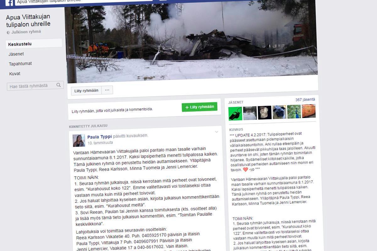 Kuvakaappaus Apua Viittakujan tulipalon uhreille -Facebook-ryhmän seinältä.