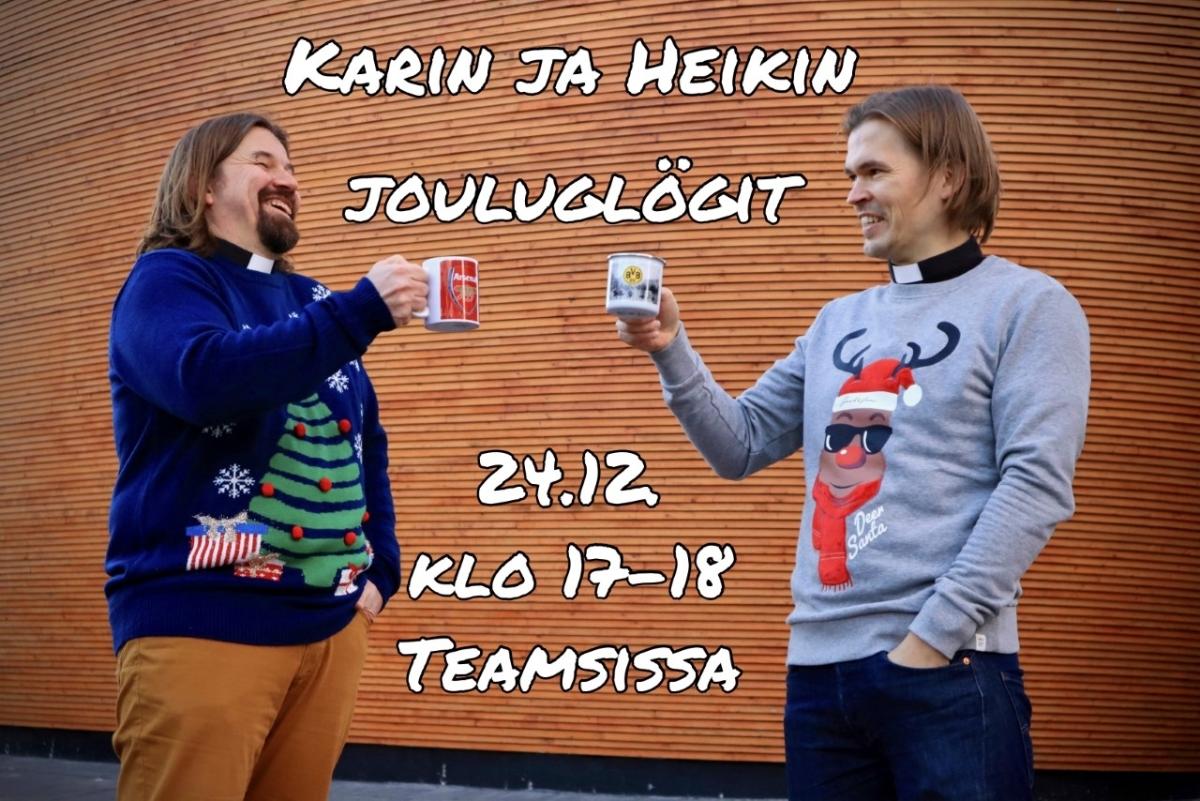 Paavalin kirkkoherra Kari Kanala ja Haagan kirkkoherra Heikki Nenonen ovat mukana jouluaaton glögihetkessä Teamsissa.
