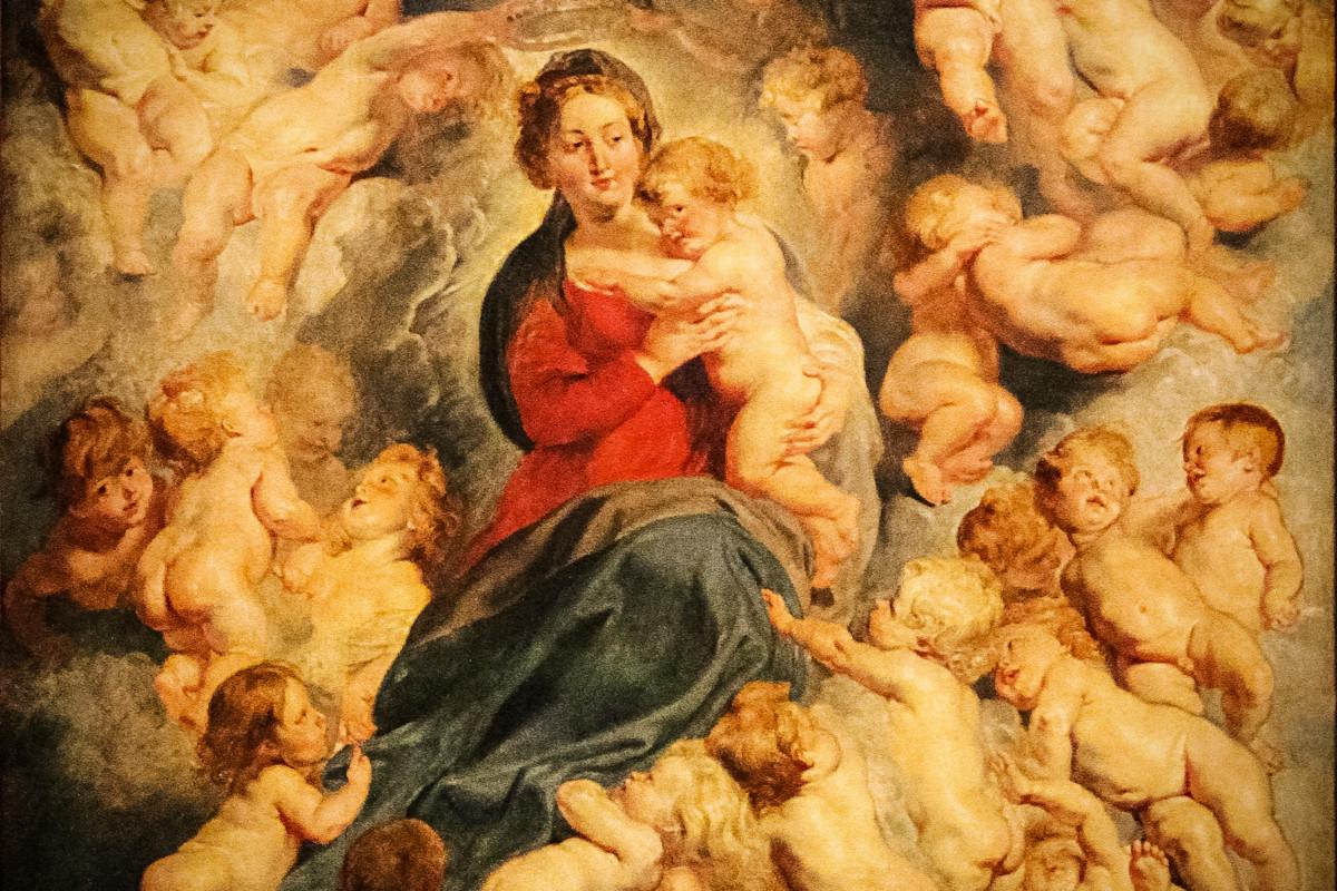 Neitsyt Maria ja Jeesus viattomien lasten ympäröimänä. Yksityiskohta Peter Paul Rubensin taulusta, jonka arvioidaan olevan vuodelta 1618. Louvren kokoelmat. 