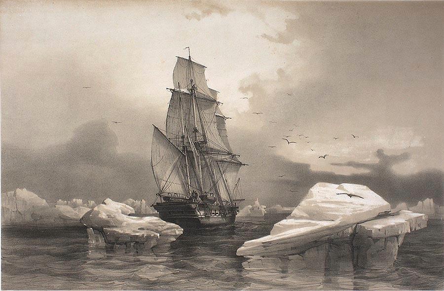 Ranskalainen La Recherche -laiva Huippuvuorilla elokuussa 1838. Kuva: Wikimedia Commons.