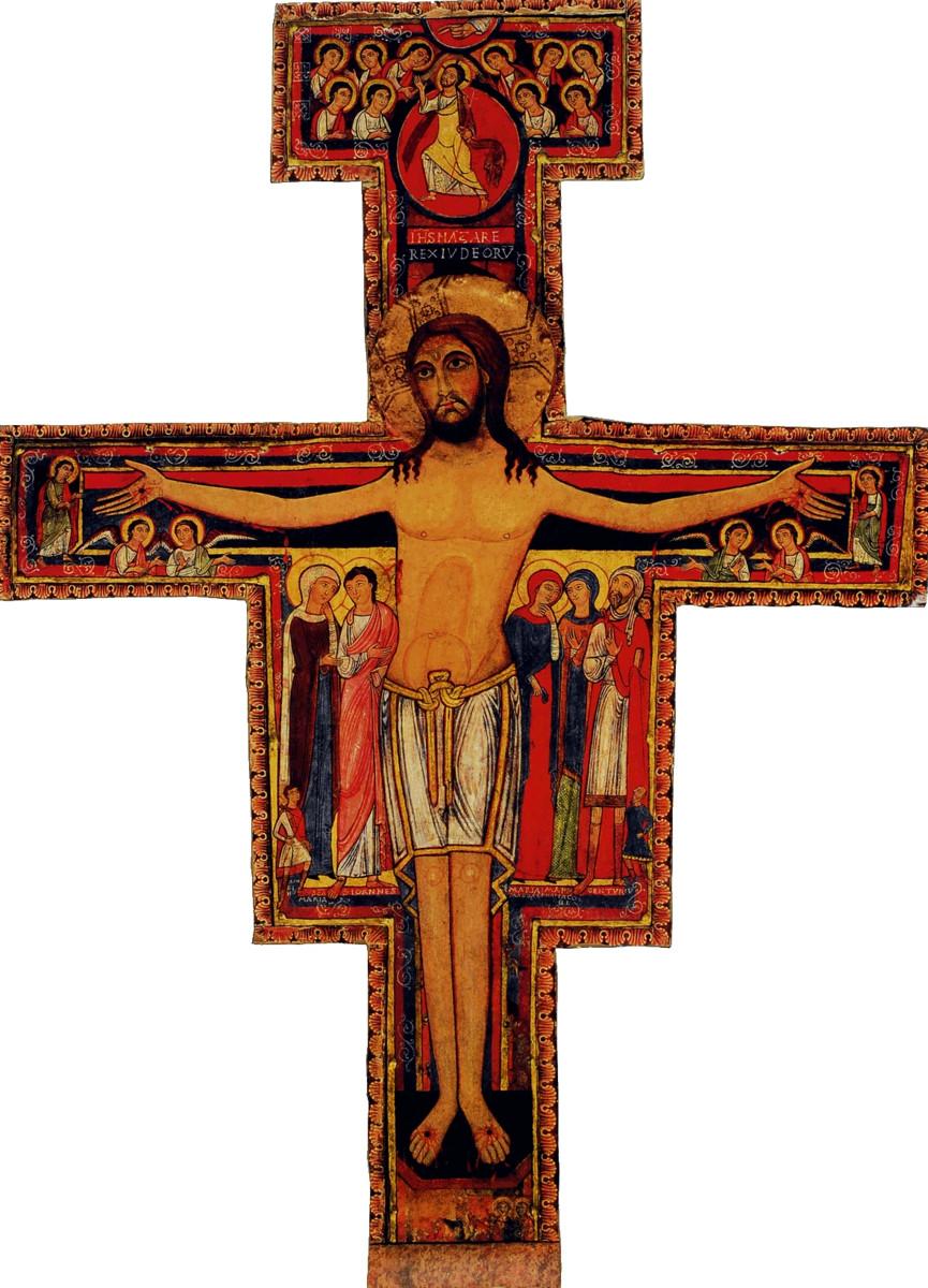 San Damianon krusifiksin kerrotaan puhuneen Franciscus Assisilaiselle. Sen on tehnyt 1100-luvulla tuntematon syyrialainen maalari. Kuva: Wikimedia Commons.
