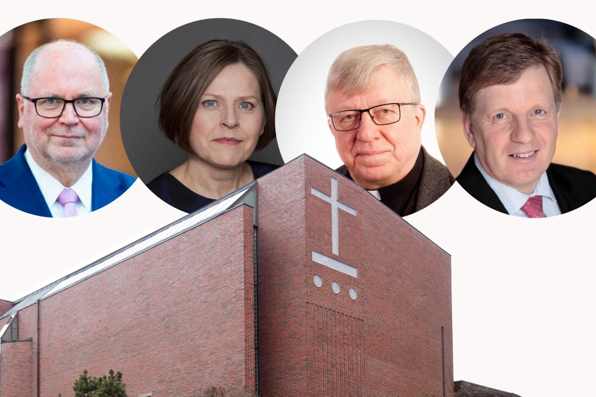 Malmin seurakunta kutsui puhujavieraaksi Eero Heinäluoman, Heidi Hautalan ja Esko Ahon. Timo Laaninen (toinen oikealta) isännöi lähetyksiä.