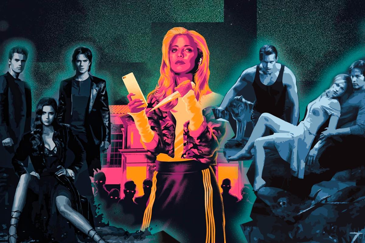 Keskellä Buffy vampyyrintappaja (Sarah Michelle Gellar), oikealla True blood -sarjan hahmoja ja vasemmalla Vampyyripäiväkirjat -sarjan hahmoja.
