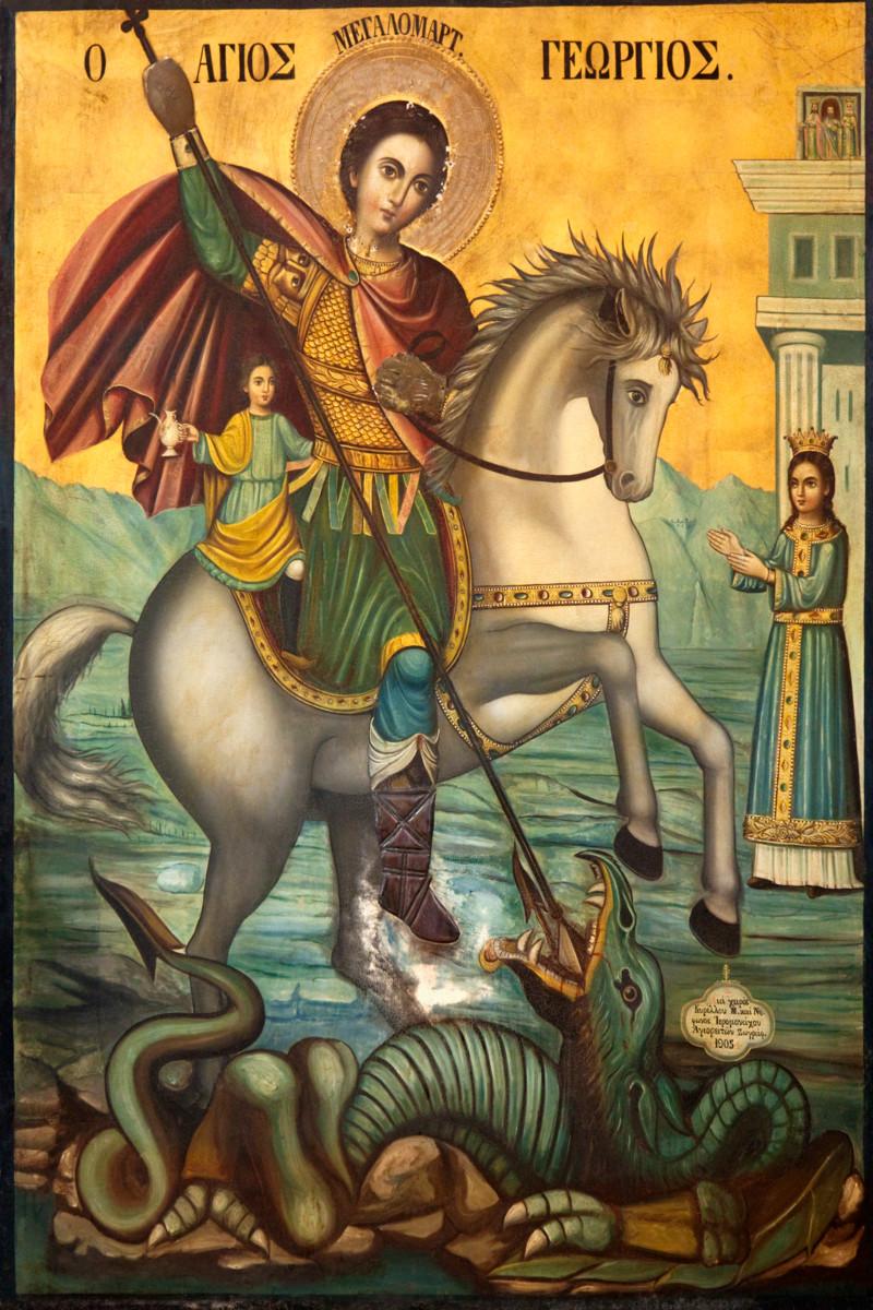 Pyhä Yrjö pelastaa prinsessan lohikäärmeeltä keskiaikaisessa pyhimystarussa. Kuvan ikoni löytyy Apostoli Barnabaan luostarista Kyprokselta.