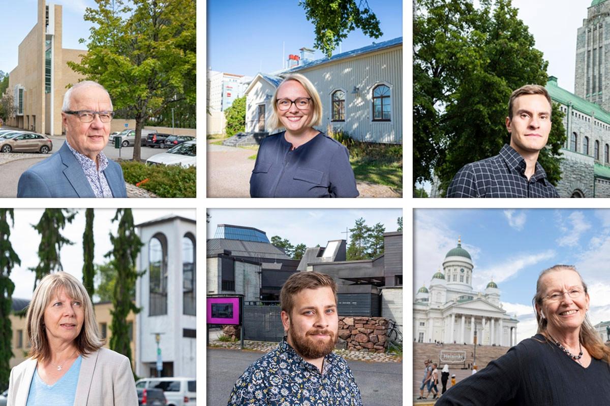 Jouko Jääskeläinen, Herttaliisa Tuure, Lauri Grünthal (ylärivissä) ja Anneli Kihlström, Rasmus Tillander ja Leena Kontula (alarivissä) kertoivat kokemuksistaan kirkon luottamushenkilönä.