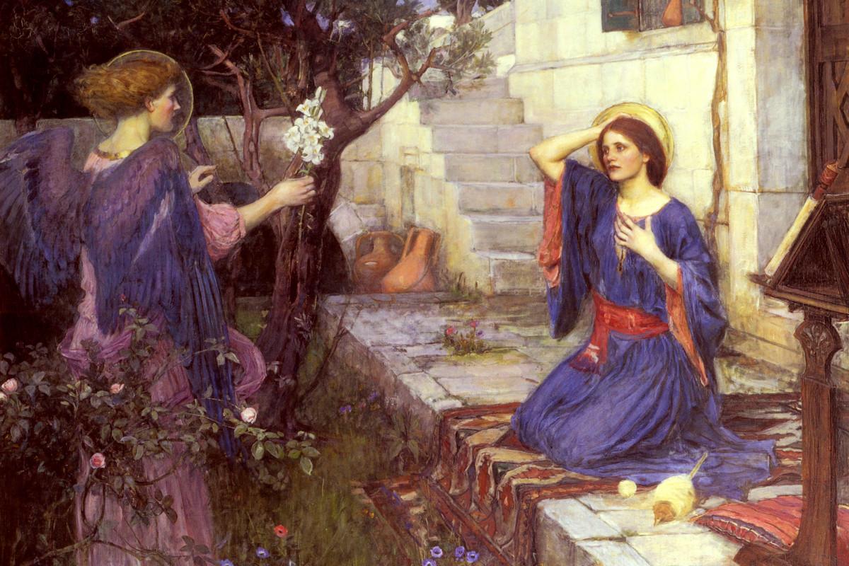 Enkeli ilmestyy Marialle, kun tämä on kehräämässä. John William Waterhouse