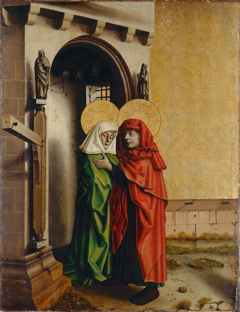 Marian vanhemmat Anna ja Joakim kohtaavat Jerusalemin kultaisella portilla. Kumpikin on juuri saanut enkeliltä tiedon, että he saavat tyttären. Konrad Witz 1435 / Wikimedia Commons.