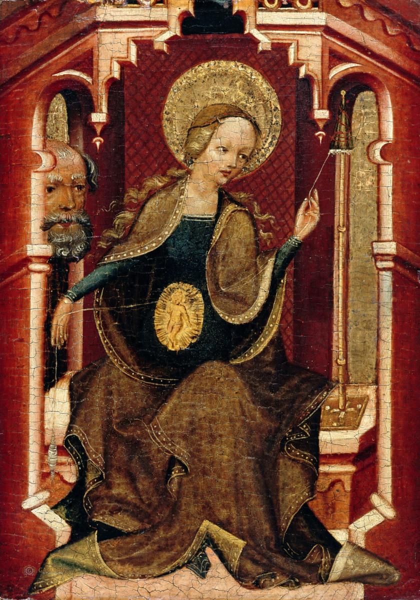 Raskaana oleva Maria tekee käsitöitä. Joosefille Marian raskaus oli yllätys, ja hän aikoi hylätä tämän. Erfurtin mestari n. 1400 / Wikimedia Commons.