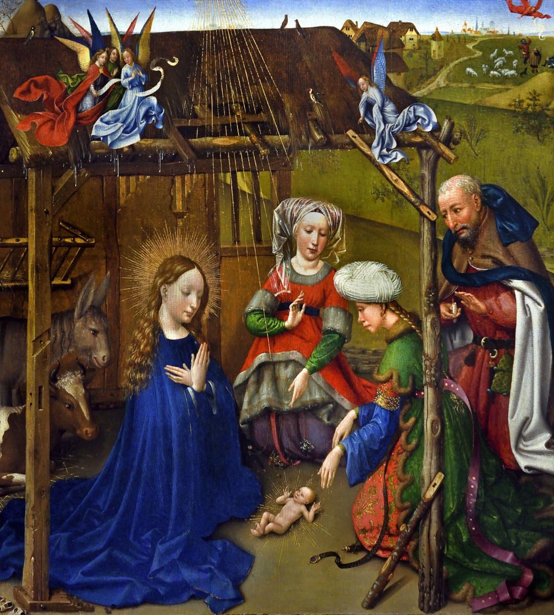 Marian kivutonta synnytystä ihmettelemässä kaksi kätilöä, jotka Joosef on hakenut paikalle. Härkää ja aasia ei mainita Raamatussa, mutta silti ne on ikuistettu moniin Jeesuksen syntymää kuvaaviin maalauksiin. Jacques Daret 1434–35 / Peter Horree, Alamy Stock Photo.