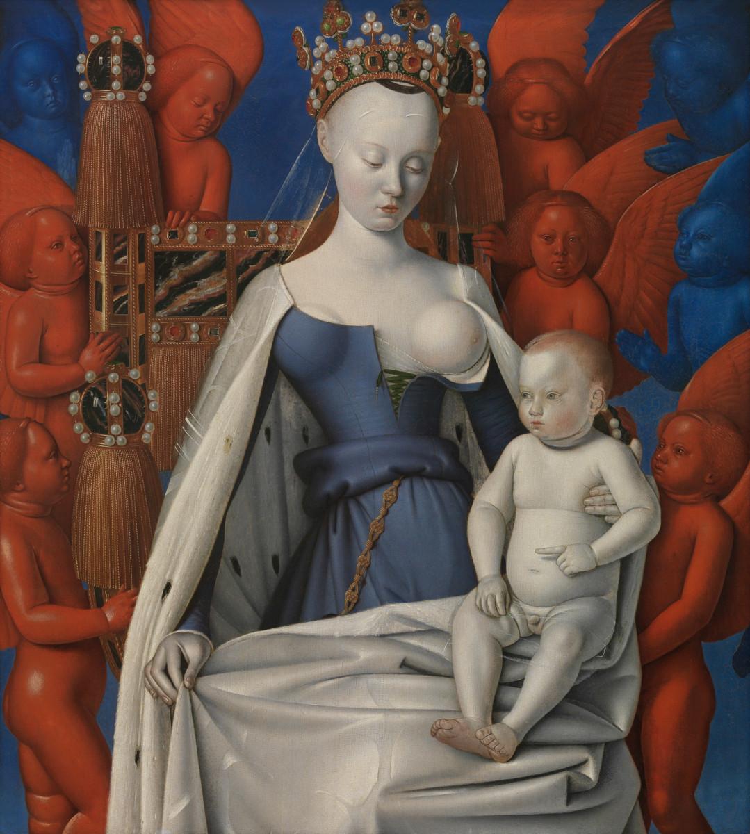 Jean Fouquet’n maalauksessa noin vuodelta 1450 Neitsyt Maria ja Jeesus-lapsi on kuvattu enkelien ympäröimänä. Wikimedia Commons.