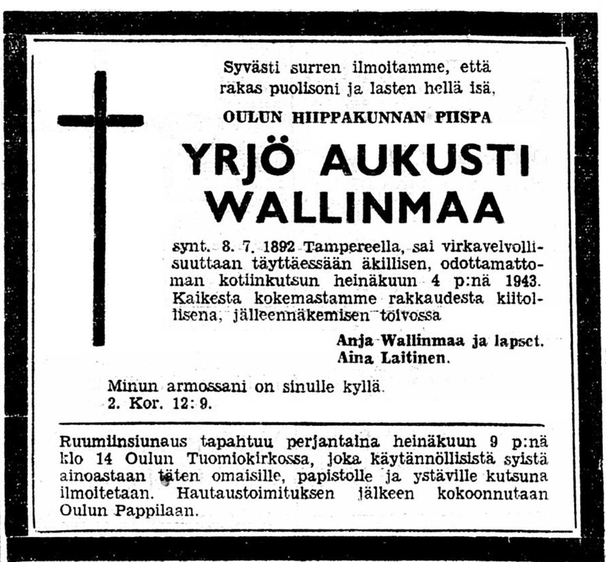 Piispa Yrjö Wallinmaan kuolinilmoitus Uudessa Suomessa.
