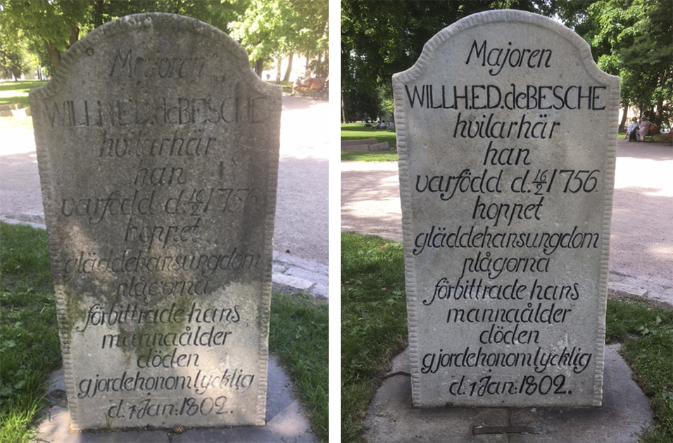 Majuri Wilhelm Edvard de Beschen hautamuistomerkki ennen ja jälkeen entisöinnin. Tekstin lisäksi myös kiven väri kirkastui.