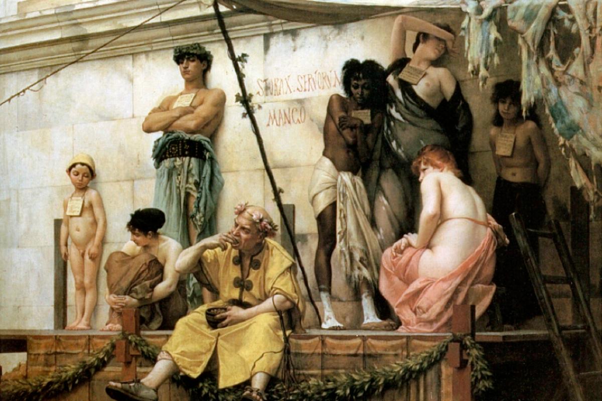 Orjamarkkinat antiikin Roomassa. Gustave Boulangerin maalaus vuodelta 1882.