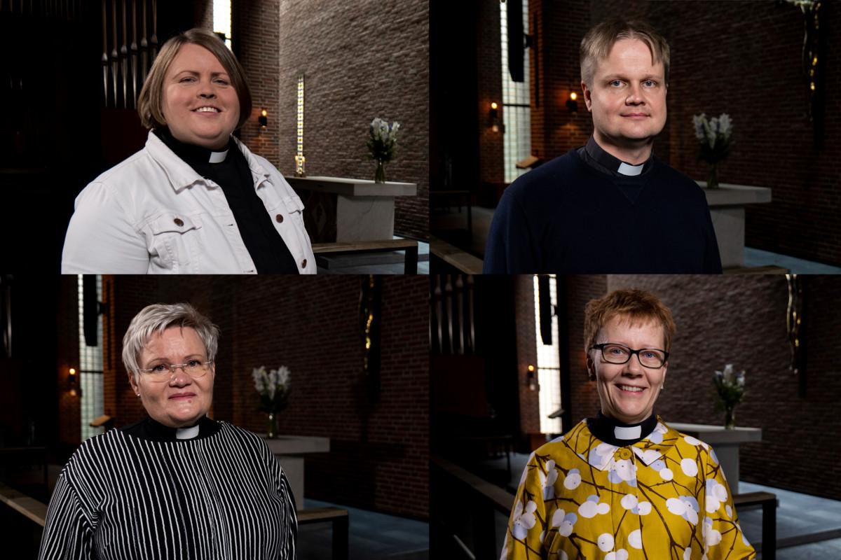 Laura Mäntylä, Tuomas Hynynen, Kirsi Rantala ja Elina Perttilä ovat seurakuntaneuvoston valitsemat kärkiehdokkaat Malmin kirkkoherranvaalissa.