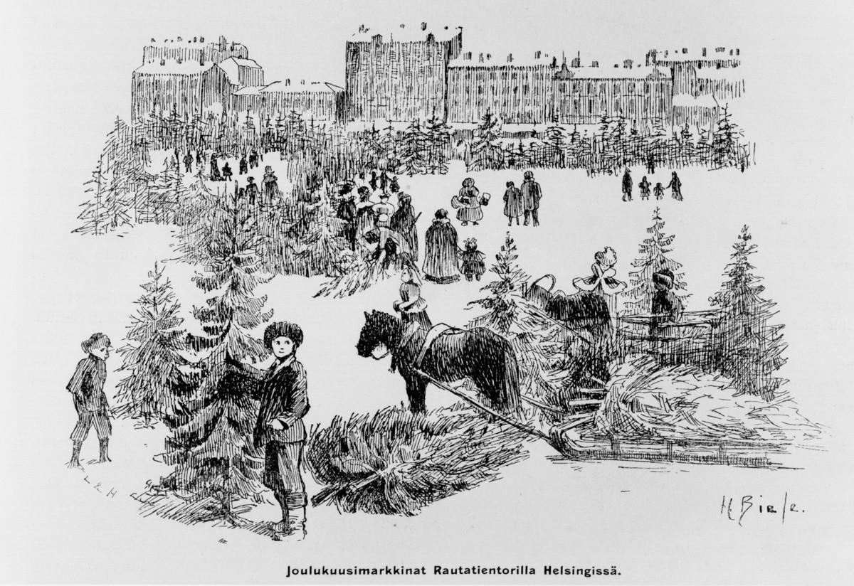 H. Biesen tekemä kuva joulukuusimarkkinoista Rautatientorilla. Piirros julkaistiin Joulurauha-lehdessä vuonna 1899. Kuva: Helsingin kaupunginmuseo.