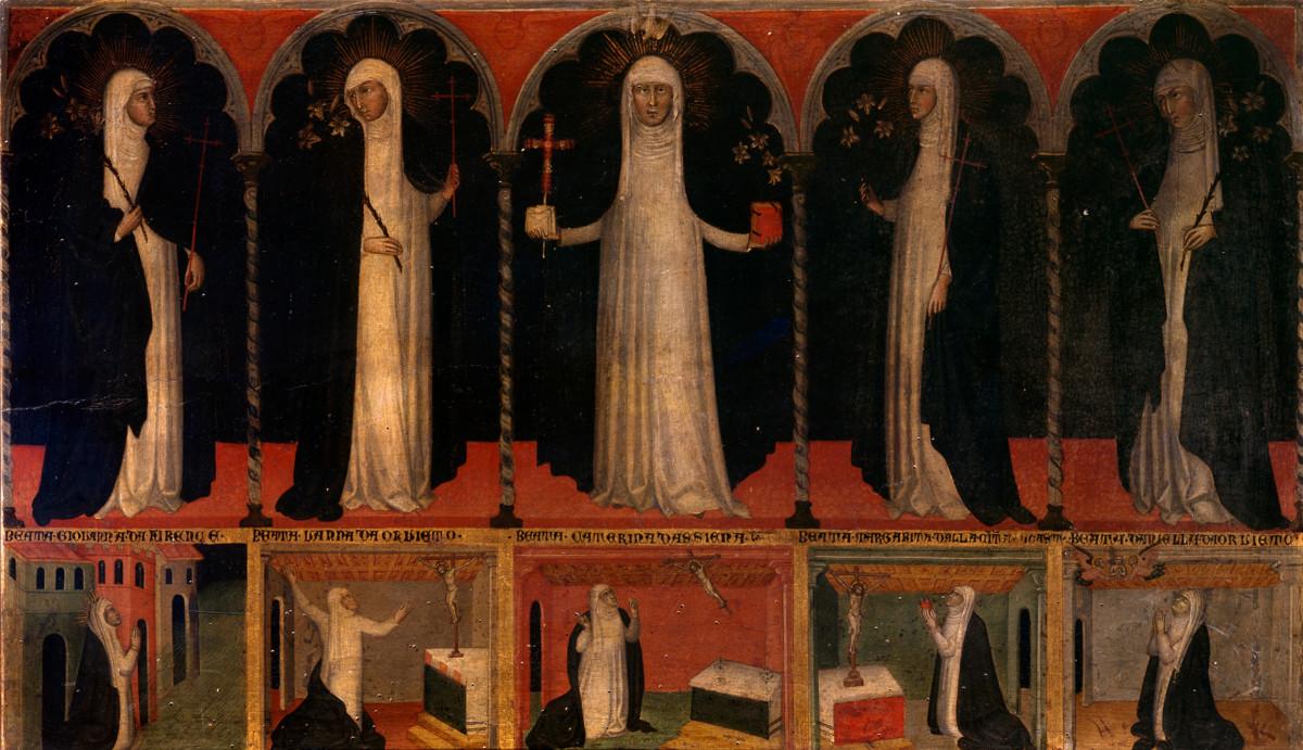 Andrea di Bartolon alttaritaulu 1300-luvun lopusta kuvaa Katariina Sienalaista ja neljää dominikaanisisarta. Kuva: agefotostock.