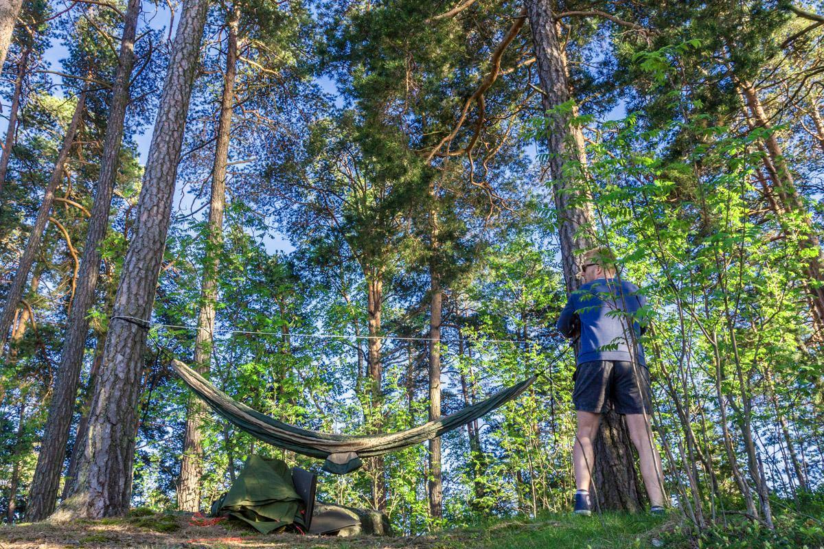 Veli ripustaa riippumaton kahden puun väliin. Mäntymetsä peittää Läntisen Villaluodon sisäosan.