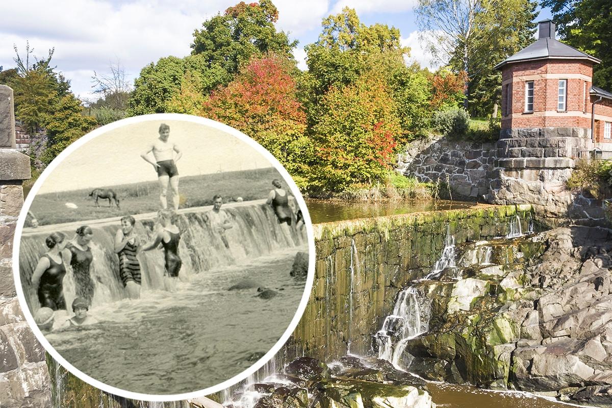 Värikuvassa vesiputous Vanhankaupunginkoskella Vantaanjoen eteläpäässä. Mustavalkokuvassa kylpijöitä Helsingin pitäjän Kirkonkylän myllypadolla vuonna 1927. Kuvankäsittely: Katri Saarela